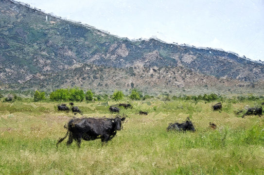 Impressionistic Style Artwork of Herd of Cattle Relaxing in the Soft Green Mountain Meadow