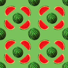 Seamless watermelons pattern on light green background. background with gouache watermelon slices. Fresh fruits seasonal background flat style