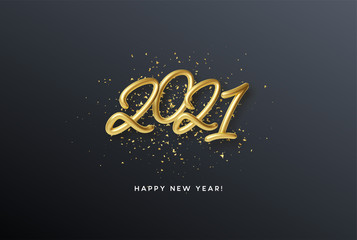 2021 realistic golden metallic inscription on a black background with gold glitter sparkles. Vector illustration