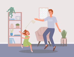 Dad and daughter jump and dance at home in the living room. The father and the little girl in the dress are smiling, having a good time together. Parent with child in cartoon flat style, vector.