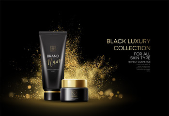 Cosmetics products with luxury collection composition on black blurred bokeh background with golden glitter dust. Vector illustration