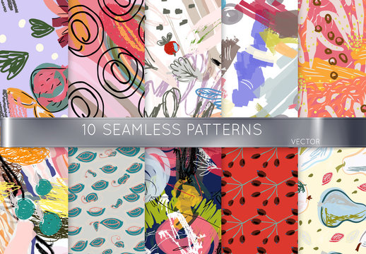 Hand Drawn Scribbles and Berries Pattern Set