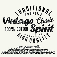 Vintage brush script lettering font. Handwritten calligraphic alphabet for t-shirt or apparel. Textured unique brush in alphabet style.Old school vector graphic for fashion and printing.