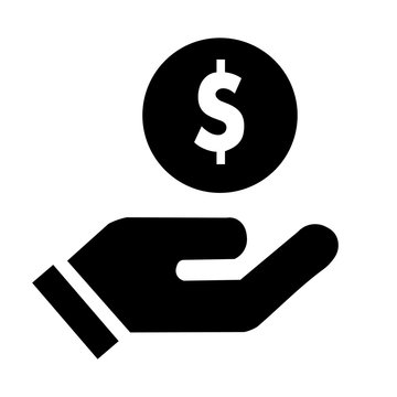 Hand with dollar solid icon. Palm holding coin symbol, glyph style pictogram on white background. Money sign for mobile concept and web design. Vector graphics