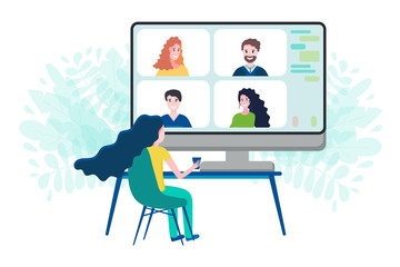 Woman having online meeting with friends or clients via group call on big screen of computer. Video conference at home concept. Video call communication.