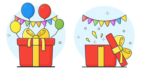Gift Boxes. Open gift box, surprise concept. Surprise in the box. Vector illustration.