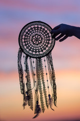 dream catcher, black threads, at sunset, handmade, authentic art, craft