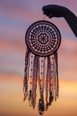 dream catcher, black threads, at sunset, handmade, authentic art