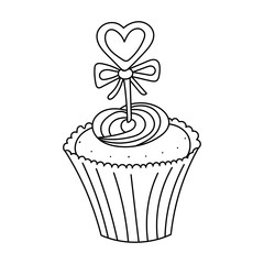 Hand drawn cupcake with cream and heart with bow on it