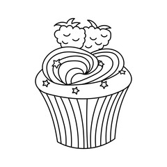 Hand drawn cupcake with cream, stars and blackberry on the top