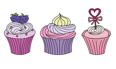 Set of hand drawn cupcakes with different decoration