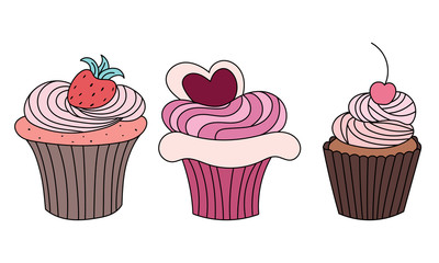 Set of hand drawn cupcakes with different decoration