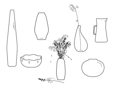 Vases of different shapes on a white background, linear vector set with a bouquet of meadow herbs.