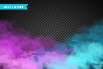 Realistic colorful smoke clouds, mist effect. Fog isolated on transparent background. Vapor in air, steam flow. Vector illustration. © 32 pixels