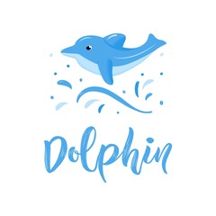 Dolphin jumping in water splash. Hand texture lettering. Vector illustration. Logo