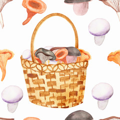 Watercolor hand painted nature forest plant seamless pattern with white porcini mushroom, red chanterelle mushroom, boletus, oyster mushroom in wicker basket isolated on the white background print