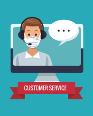 call center support male worker wearing medical mask