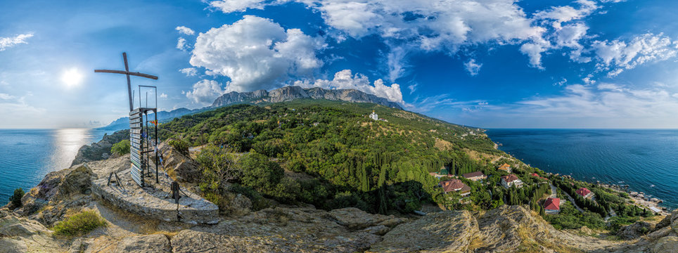 Beautiful view of Sea and mountain spring landscape. Picturesque hilly coast, rocks against the blue sky. A luxurious landscape overlooking the beautiful cliffs. Copy space