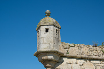 Old 18th century Portuguese star fort  in Povoa de Varzim, Portugal. Known as Castelo da Povoa, or Povoa Castle. Closeup on turret.