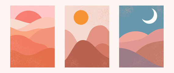 Abstract contemporary aesthetic backgrounds landscapes set with sunrise, sunset, night. Earth tones, pastel colors. Boho wall decor. Mid century modern minimalist art print. Flat design.