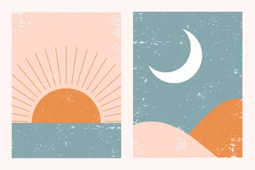 Tuinposter Abstract contemporary aesthetic background landscape set with Sun, Moon, sea, mountains. Earth tones, pastel colors. Boho wall decor. Mid century modern minimalist art print. Flat abstract design. © Mystery Kit