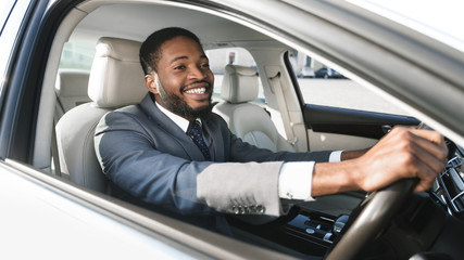 African American Driver Driving Car Sitting In New Automobile, Panorama