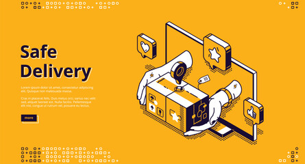 Safe delivery online service isometric landing page. Human hands give parcel bag with goods from computer desktop. Internet shopping, order shipping, retail business, 3d vector line art web banner