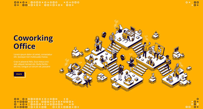 Coworking Office Banner. Concept Of Modern Creative Workplace For Different Employee. Vector Landing Page Of Open Space Office For Freelance, Startup Or Business With Isometric People With Laptop