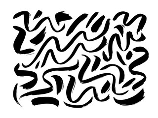 Black dry brushstrokes hand drawn vector set. Curved and zig zag black paint brushstrokes.