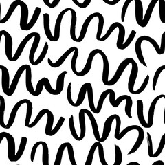 Wavy and swirled brush strokes vector seamless pattern. Black paint freehand scribbles, abstract ink background.