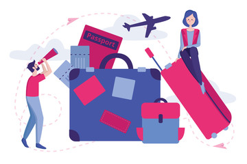 Vector color illustration. People is relaxing and dreaming about trip and vacation. Tourism and Summer Vacation. Travel luggage concept. Concept of vacation planning.