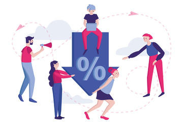 Vector flat illustration. Team work creative planning strategy and working on the anti-crisis measures. Economic crisis, percent presses down arrow, meeting and brainstorming in office.