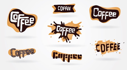 Doodle coffee words lettering set. Random liquid style. Seven different styles collection. For branding, menu, poster or wall decoration for cafe or restaurant.