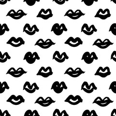 Black paint lips vector seamless pattern. Abstract girl's and woman's mouth. Grunge brush stroke texture.