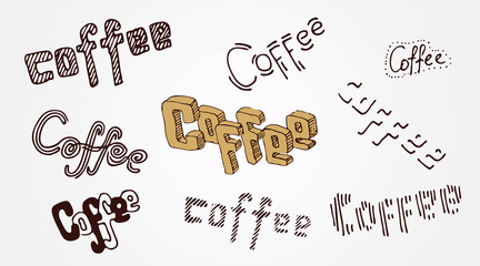Hand drawn doodle coffee words lettering set. Random style. Nine different styles collection. For branding, menu, poster or wall decoration for cafe or restaurant.