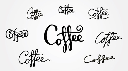 Hand drawn doodle coffee words lettering set. Script style. Eight different styles collection. For branding, menu, poster or wall decoration for cafe or restaurant.