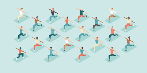 Social distancing in a gym. People doing group exercise keeping distance from each other. Training in a sport club after covid-19 coronavirus quarantine. Flat vector illustration - obrazy, fototapety, plakaty