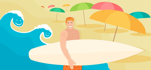Vacation vector surreal flat illustration banner of boy surfer in the beach sand smiling