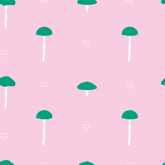 Mushroom seamless pattern. Cute forest surface design. Pink background