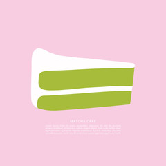 Cute flat piece of matcha cake. Cafe spot illustration. Birthday card element