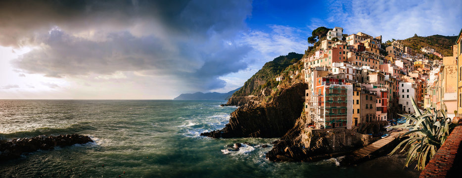 Sunset on the sea in Aerial view of Vernazza - small italian town in the province of La Spezia, Liguria, northwestern Italy.