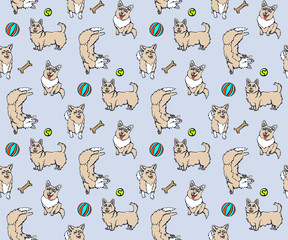 Fototapeta premium Vector background hand drawn corgi dog. Hand drawn ink illustration. Modern ornamental decorative background. Vector pattern. Print for textile, cloth, wallpaper, scrapbooking