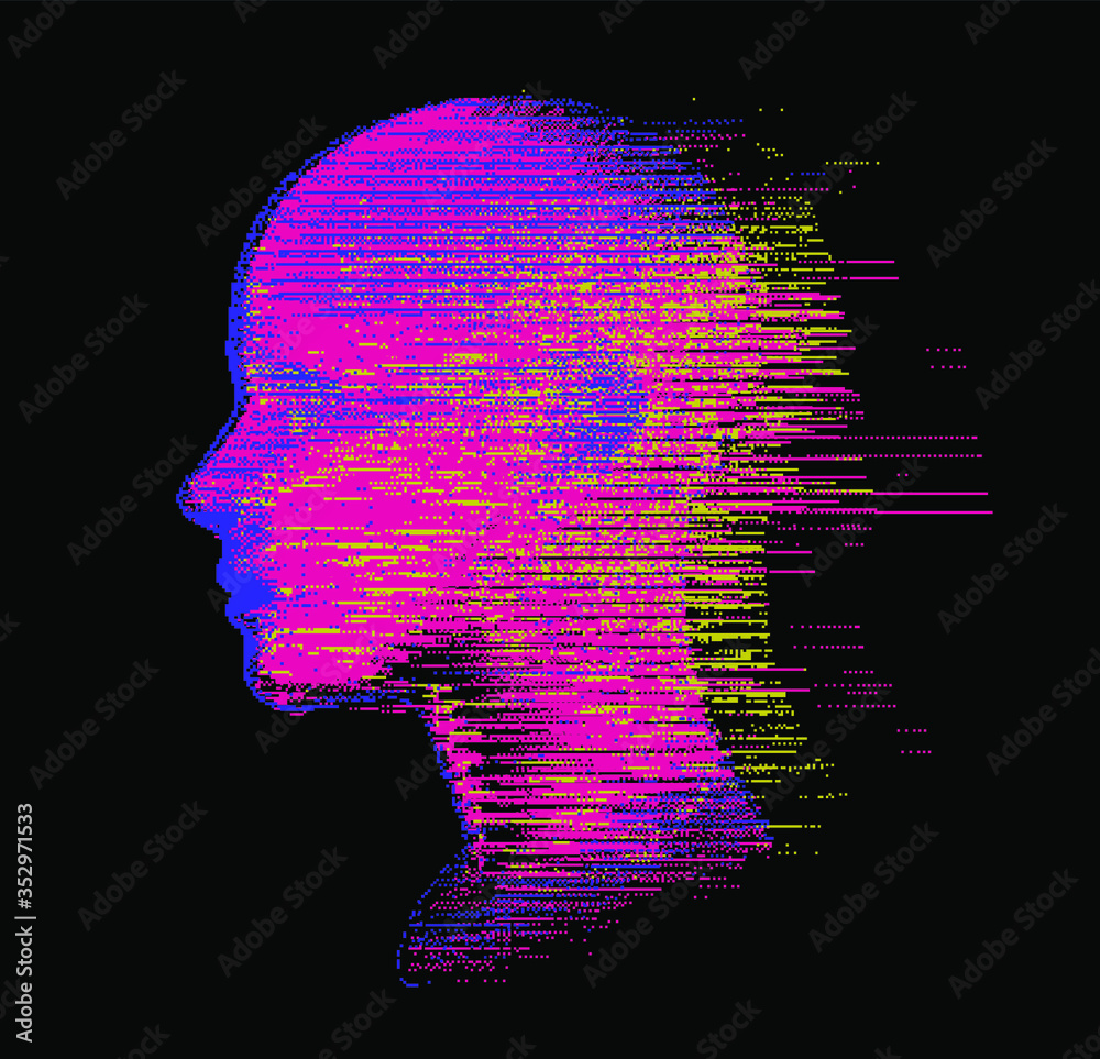 Poster artificial intelligence and psychological profiling concept. human head with glitched pixels, distor