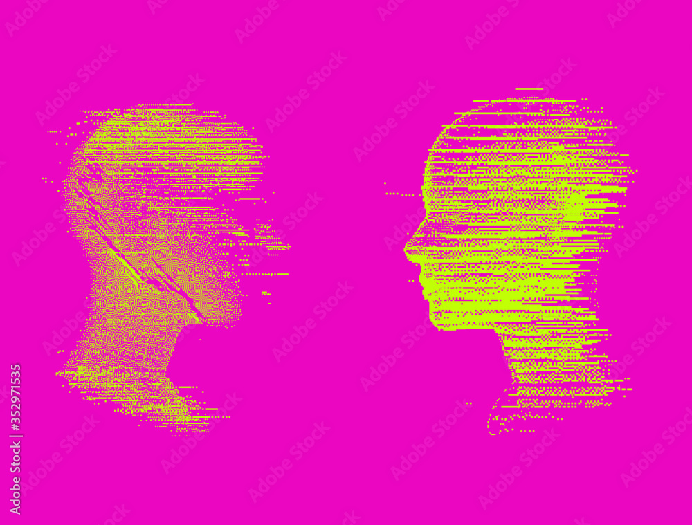 Poster alter ego concept, alternative self. person and its doppelganger or twin. vaporwave style vivid coll