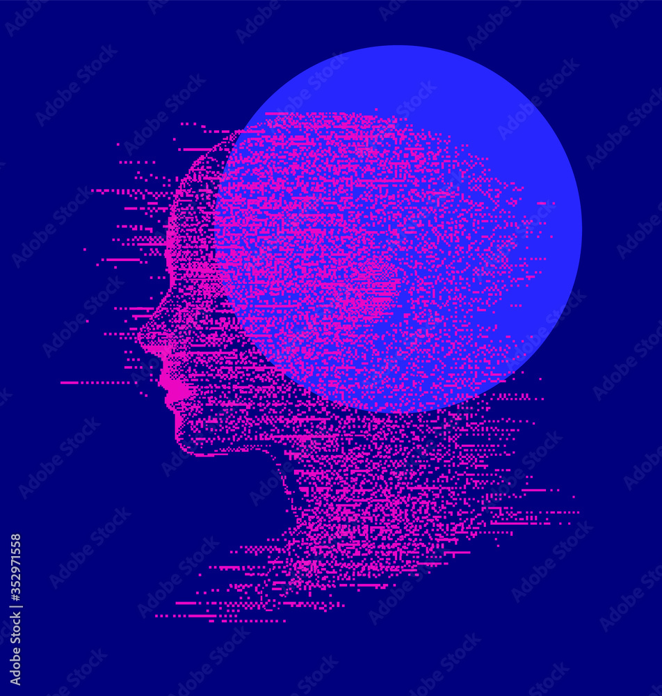 Wall mural artificial intelligence and psychological profiling concept. human head with glitched pixels, distor