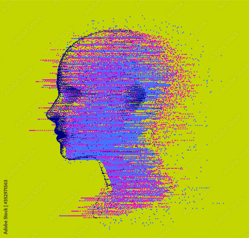 Poster artificial intelligence and psychological profiling concept. human head with glitched pixels, distor