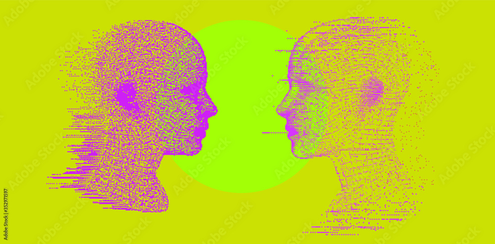 Poster alter ego concept, alternative self. person and its doppelganger or twin. vaporwave style vivid coll