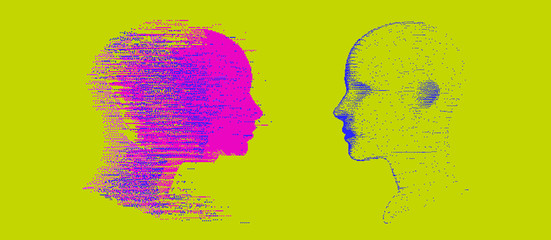 Alter ego concept, alternative self. Person and its doppelganger or twin. Vaporwave style vivid collage made in pixel art 8-bit technique.