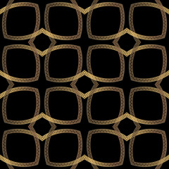 Gold modern grid vector seamless pattern. Ornamental greek background. Repeat decorative ornate backdrop. Greek key meanders frames. Intricate elegant luxury ornaments. Beautiful textured design