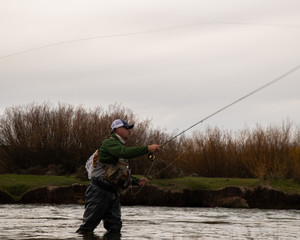 A man flying fishing on a wild trout stream in Wyoming.